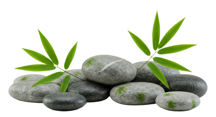Smooth stones with bamboo leaves, transparent background