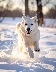 White dog running in snowy landscape