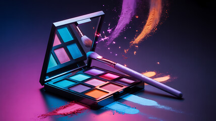 Vibrant eyeshadow palette with a makeup brush showcases colorful pigments and cosmetic artistry perfect for beauty and fashion