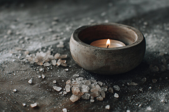 Still life with a lit tealight in a rustic ceramic bowl surrounded by scattered salt crystals on dark wood, symbolic of remembrance for All Saints’ Day