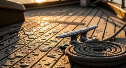 Gleaming wood yacht deck with coiled rope and chrome cleat, water droplets