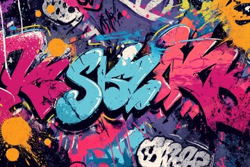 Vibrant street art design featuring colorful tags, paint splatters, scribbles, and throw ups. A collection of urban art backgrounds in a hand-drawn graffiti style. Vector illustration included.
