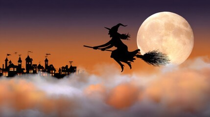 Witch flying over a foggy village at night with a full moon illuminating the sky