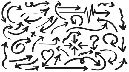 Diverse collection of hand-drawn arrows and symbols indicating direction, connection, and ideas.