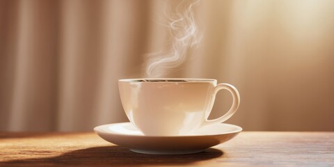 Fototapeta premium The steaming cup of coffee on a wooden table surrounded by warm light.