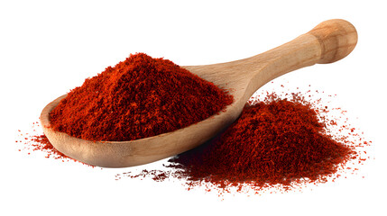 HD realistic pile of red paprika powder with small spoon isolated on white