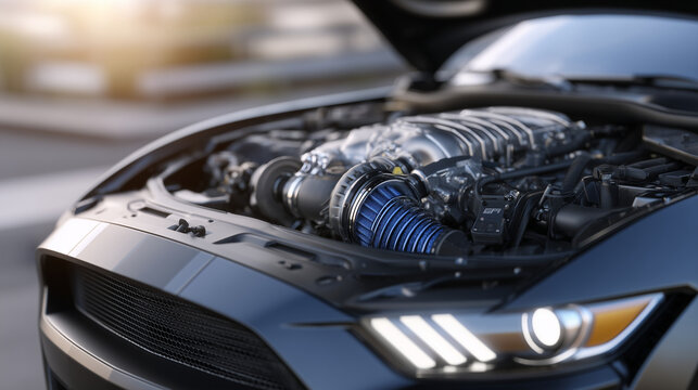 Engine compartment with turbocharger and intercooler details, focus on airflow and power, technical automotive concept