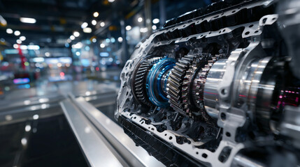 Obraz premium Detailed macro shot of gears, valves, and polished engine block, emphasizing engineering craftsmanship