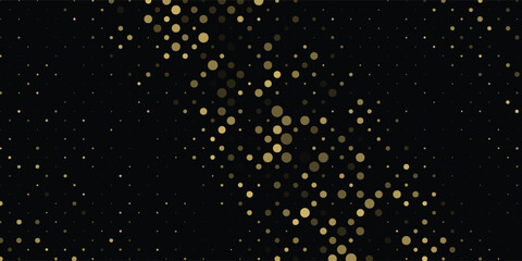 Abstract luxury banner with golden glittering dots on black background. Sparkling glitter bottom border, vector frame. Halftone effect. Magical gold dust. Pop art style backdrop.