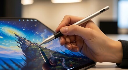 Digital Artist Using Pen on Graphic Tablet Creating Fantasy Landscape in Modern Workspace