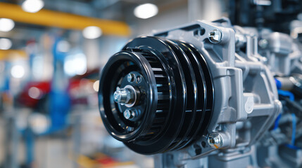 Fototapeta premium Close-up view of a black engine alternator with belt and pulleys, metallic details glistening under bright workshop lights, mechanical precision emphasized