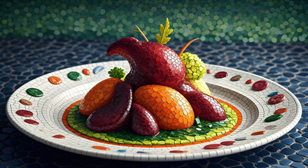 Exquisite culinary creation of vegetables stylized as a colorful mosaic on an ornate plate, a fusion of food and art