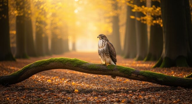 Hawk perched on mossy branch, autumn forest, sunlit background, fallen leaves - Powered by Adobe