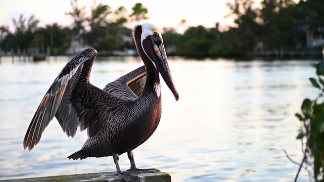 Brown pelican perched on dock by water. Wildlife nature bird landscape animal.