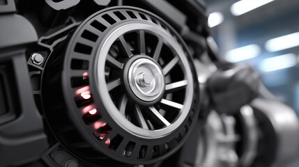 Fototapeta premium Black engine alternator close-up with fan-like housing design, belt tension perfectly captured, mechanical depth and realism