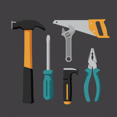 A collection of various hand tools, arranged on a dark gray background, ready for construction or repair.