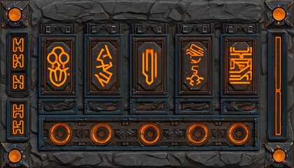 Cyber mystic dashboard with stone panels and neon orange UI characters