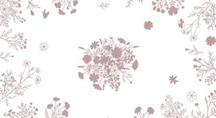 dusty rose floral meadow botanical silhouettes for elegant design, isolated on transparent background