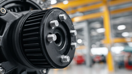 Fototapeta premium Macro close-up of alternator bolts, pulley system, and belt grip, showcasing precision engineering and power transmission