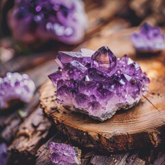 Magnificent close up of amethyst crystals resting on a wooden surface bathed in warm light