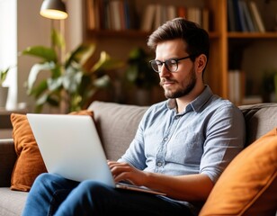 man working on laptop on couch at home. online work and education.