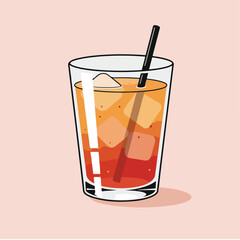 Illustration of a refreshing orange and red cocktail in a clear glass with ice cubes and a black straw, set against a light pink background.