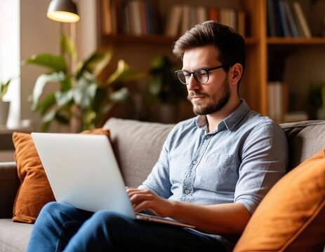 man working on laptop on couch at home. online work and education.