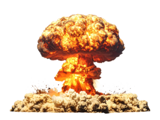 Massive bomb explosion fiery cloud engulfs sky with destructive force, intense heat, and shockwave impact, illustrating catastrophic power and devastation.