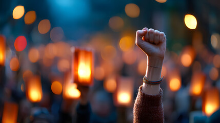 A powerful display of solidarity, illuminated fists raised against injustice, radiating hope and determination.