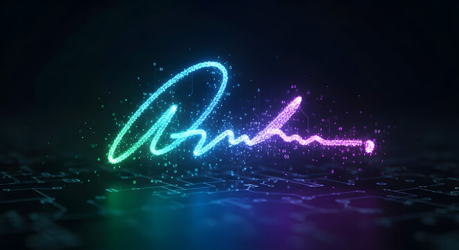Electronic signature illustration with digital circuit and glow
