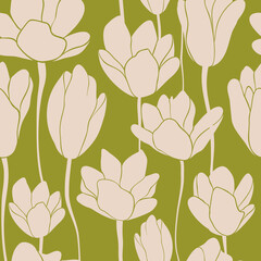 Seamless floral tulips vector laconic delicate doodle pattern handmade for design fabric decor ceramics postcards flowers texture print on green-ochre khaki background