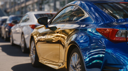 Sleek parked cars with vivid metallic paint close-up, chrome trims and body curves glowing under urban sunlight reflections
