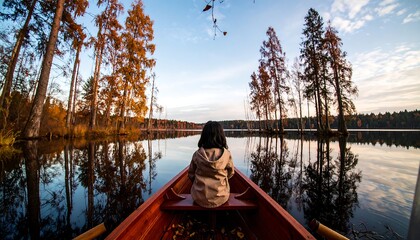 Woman Rowing Boat on Calm Autumn Lake