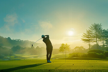 Professional golfer swinging club at sunset on golf course with flag in background – generative ai