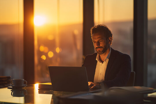 Focused businessman working late on his laptop in a modern office at sunset — executive concentration and evening productivity - Powered by Adobe
