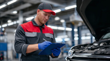 Vehicle maintenance scene with mechanic checking alternator and belts, detailed engine bay view showcasing modern automotive technology