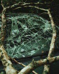 Suburban car crushed by fallen tree  broken windshield and dented roof after storm damage