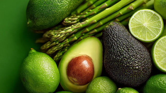 Green vegetables and fruits with avocado, lime and asparagus ― アボカドとライム、アスパラガスのグリーン食材