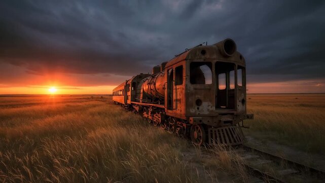 An abandoned rusty train in the middle of a field in the rays of sunset is a symbol of oblivion, nostalgia and the beauty of time in photorealism