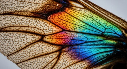 Iridescent dragonfly wing close-up, showing cell structure & rainbow colors