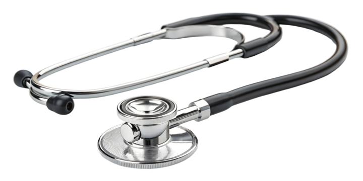 Closeup View Chrome Medical Stethoscope Black Tube Shiny Metal Chestpiece Acoustic Instrument isolated on a transparent background