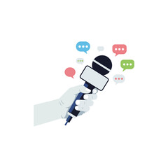 An illustrated hand holds a microphone surrounded by colorful speech bubbles, symbolizing interview, communication, or public speaking.