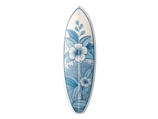 Surfboard Design Featuring Elegant Blue Floral Pattern White Background Tropical Flowers Leaves isolated on a transparent background