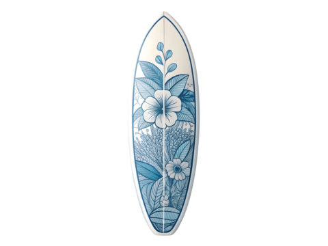 Surfboard Design Featuring Elegant Blue Floral Pattern White Background Tropical Flowers Leaves isolated on a transparent background