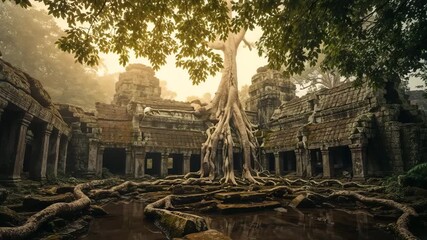 Ancient stone temple ruins entwined with massive tree roots, mysterious forgotten place in the jungle, atmospheric morning light and moss-covered walls.