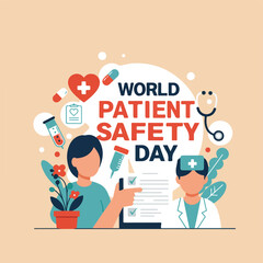 World Patient Safety Day graphic featuring medical professionals reviewing patient records.