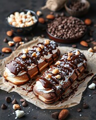 Cozy autumn treat  mini eclairs filled with vanilla cream and topped with caramel drizzle
