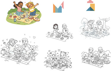 Happy people enjoying picnic, outdoor food, summer gathering, nature lunch, friendship fun, picnic blanket, cartoon illustration, family picnic day