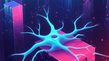 Glowing neuron connecting digital buildings in futuristic cityscape - Powered by Adobe