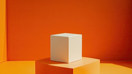 Obraz premium Minimalist Orange Composition: Geometric Cube on Orange Pedestal, Studio Lighting.